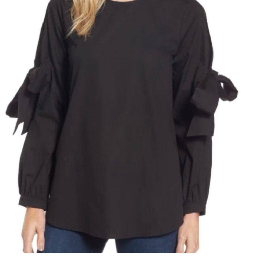 Pleione Elegant Black‎ Long Sleeve Blouse with Ruffle Tie Sleeve Detail